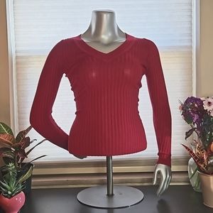 Express Red Long Sleeve Ribbed  V-Neck Sweater - Size XS